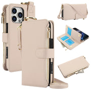 For iPhone 16 Pro Max Crossbody Ring Multifunctional Wallet Leather Phone Case(White)