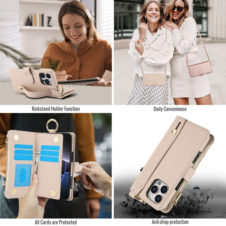 For iPhone 16 Pro Max Crossbody Ring Multifunctional Wallet Leather Phone Case(White)