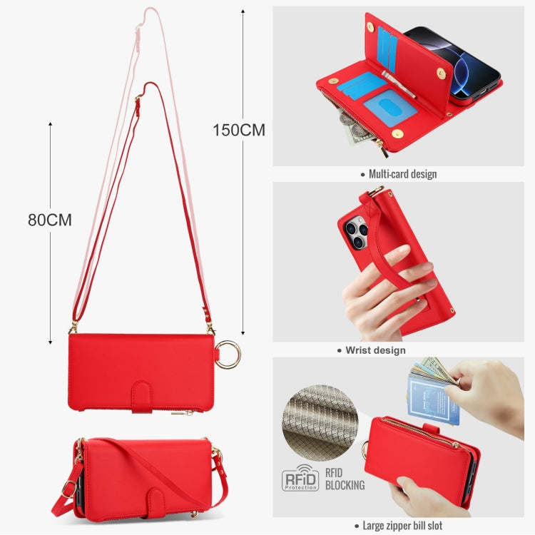 For iPhone 16 Pro Max Crossbody Ring Multifunctional Wallet Leather Phone Case(Red)