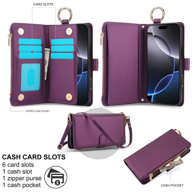 For iPhone 16 Pro Max Crossbody Ring Multifunctional Wallet Leather Phone Case(Dark Purple)