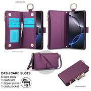 For iPhone 16 Pro Max Crossbody Ring Multifunctional Wallet Leather Phone Case(Dark Purple)