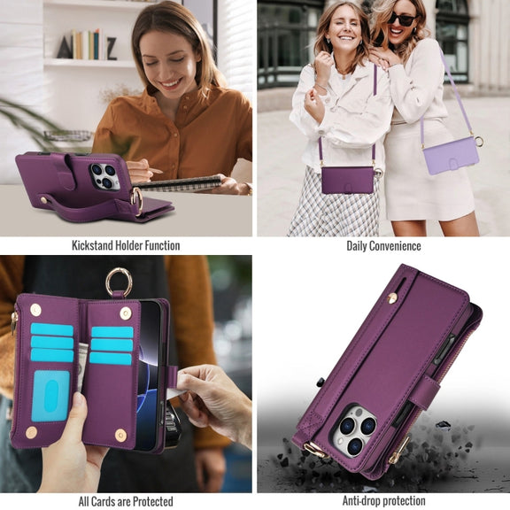 For iPhone 16 Pro Max Crossbody Ring Multifunctional Wallet Leather Phone Case(Dark Purple)