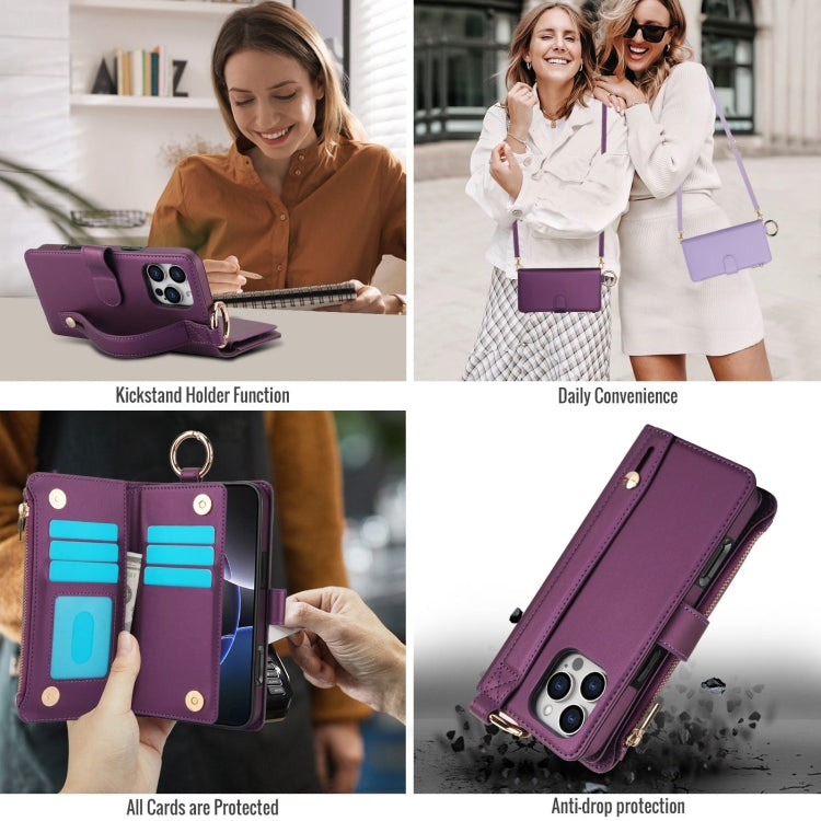 For iPhone 16 Pro Max Crossbody Ring Multifunctional Wallet Leather Phone Case(Dark Purple)