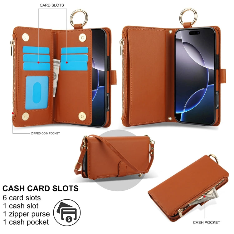 For iPhone 16 Pro Max Crossbody Ring Multifunctional Wallet Leather Phone Case(Brown)