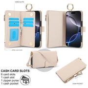 For iPhone 16 Pro Crossbody Ring Multifunctional Wallet Leather Phone Case(White)