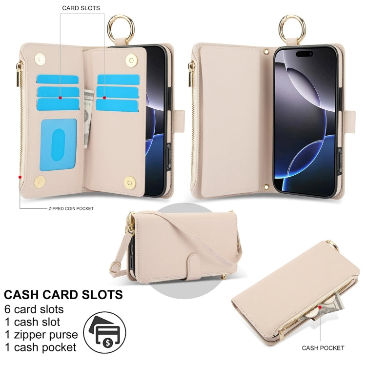 For iPhone 16 Pro Crossbody Ring Multifunctional Wallet Leather Phone Case(White)