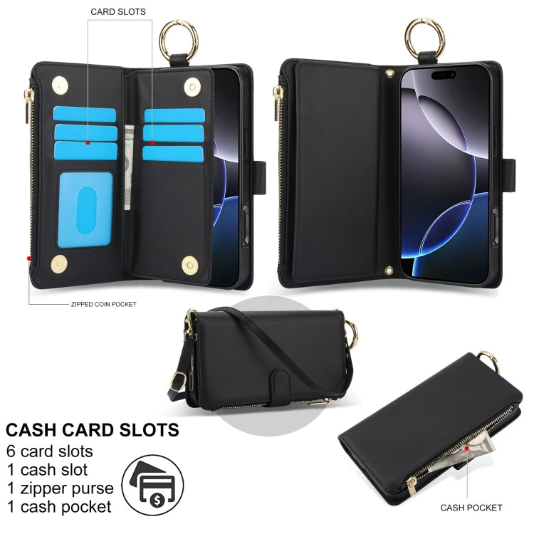 For iPhone 16 Pro Crossbody Ring Multifunctional Wallet Leather Phone Case(Black)