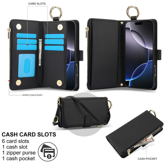 For iPhone 16 Pro Crossbody Ring Multifunctional Wallet Leather Phone Case(Black)
