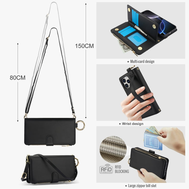 For iPhone 16 Pro Crossbody Ring Multifunctional Wallet Leather Phone Case(Black)
