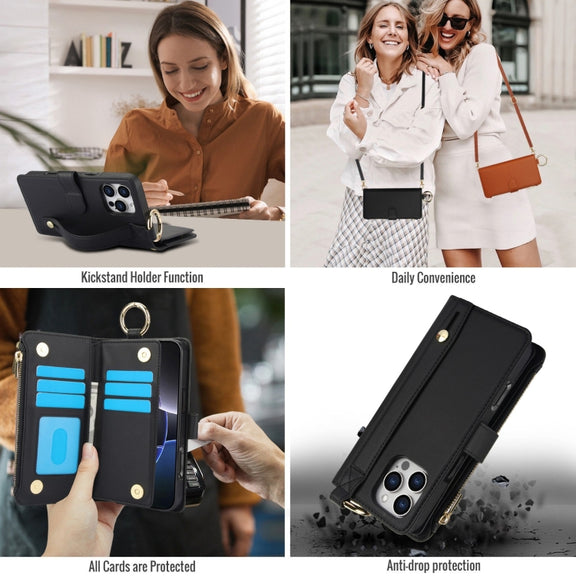 For iPhone 16 Pro Crossbody Ring Multifunctional Wallet Leather Phone Case(Black)