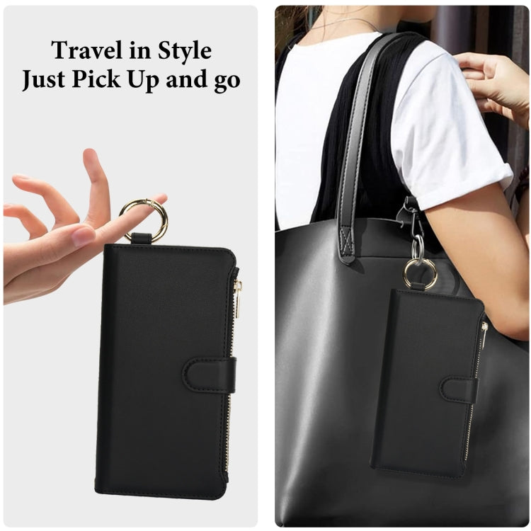 For iPhone 16 Pro Crossbody Ring Multifunctional Wallet Leather Phone Case(Black)