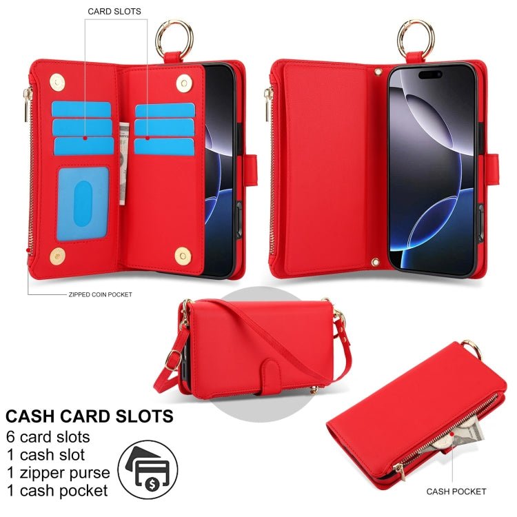For iPhone 16 Pro Crossbody Ring Multifunctional Wallet Leather Phone Case(Red)