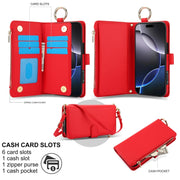 For iPhone 16 Pro Crossbody Ring Multifunctional Wallet Leather Phone Case(Red)