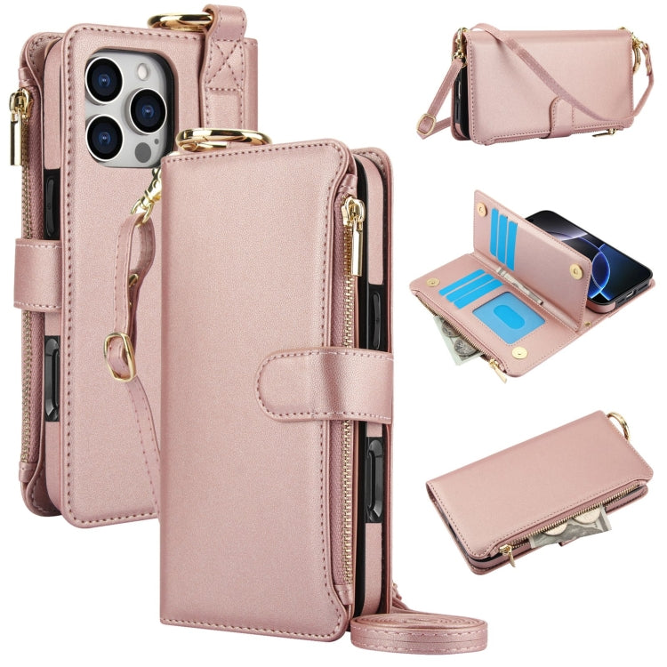 For iPhone 16 Pro Crossbody Ring Multifunctional Wallet Leather Phone Case(Rose Gold)
