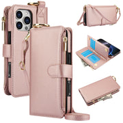 For iPhone 16 Pro Crossbody Ring Multifunctional Wallet Leather Phone Case(Rose Gold)