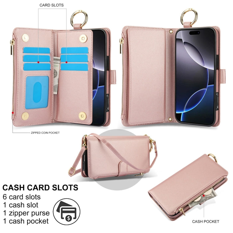 For iPhone 16 Pro Crossbody Ring Multifunctional Wallet Leather Phone Case(Rose Gold)