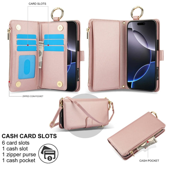 For iPhone 16 Pro Crossbody Ring Multifunctional Wallet Leather Phone Case(Rose Gold)