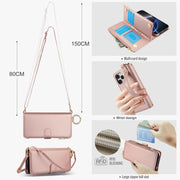 For iPhone 16 Pro Crossbody Ring Multifunctional Wallet Leather Phone Case(Rose Gold)