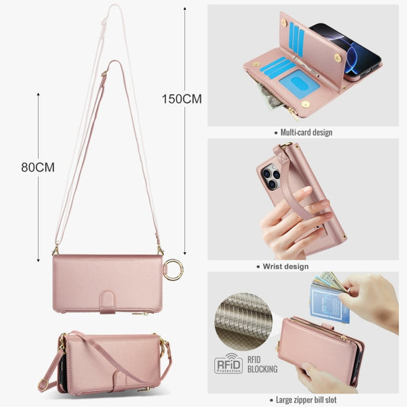 For iPhone 16 Pro Crossbody Ring Multifunctional Wallet Leather Phone Case(Rose Gold)