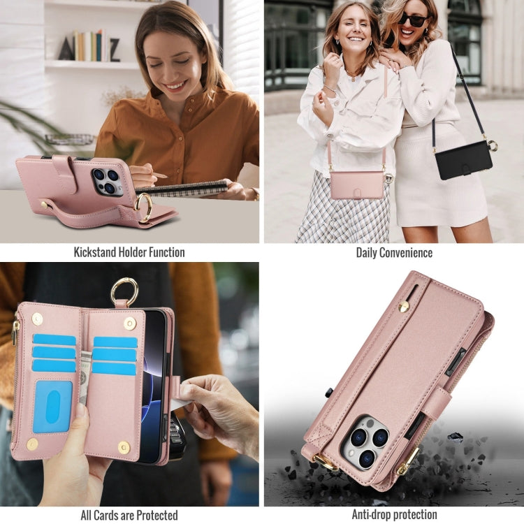 For iPhone 16 Pro Crossbody Ring Multifunctional Wallet Leather Phone Case(Rose Gold)