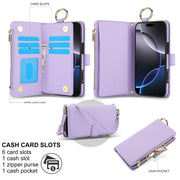 For iPhone 16 Pro Crossbody Ring Multifunctional Wallet Leather Phone Case(Purple)