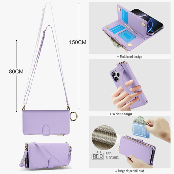 For iPhone 16 Pro Crossbody Ring Multifunctional Wallet Leather Phone Case(Purple)
