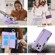 For iPhone 16 Pro Crossbody Ring Multifunctional Wallet Leather Phone Case(Purple)