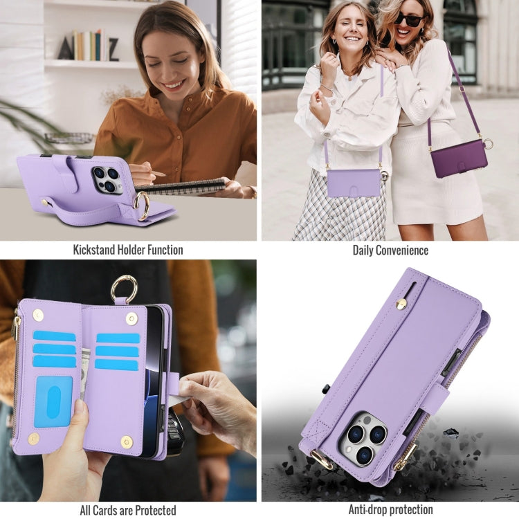 For iPhone 16 Pro Crossbody Ring Multifunctional Wallet Leather Phone Case(Purple)