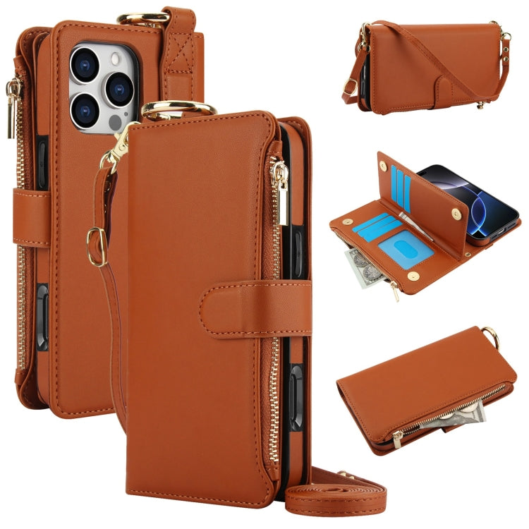 For iPhone 16 Pro Crossbody Ring Multifunctional Wallet Leather Phone Case(Brown)