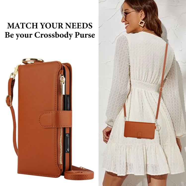 For iPhone 16 Pro Crossbody Ring Multifunctional Wallet Leather Phone Case(Brown)