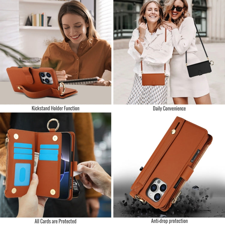 For iPhone 16 Pro Crossbody Ring Multifunctional Wallet Leather Phone Case(Brown)