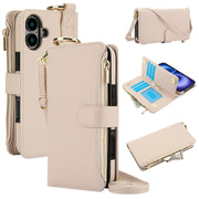 For iPhone 16 Plus Crossbody Ring Multifunctional Wallet Leather Phone Case(White)