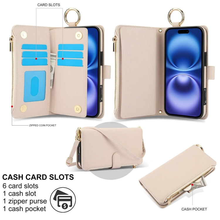 For iPhone 16 Plus Crossbody Ring Multifunctional Wallet Leather Phone Case(White)