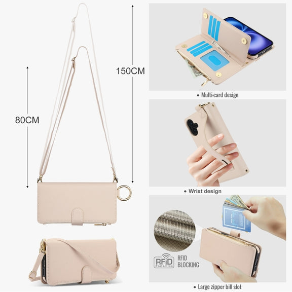 For iPhone 16 Plus Crossbody Ring Multifunctional Wallet Leather Phone Case(White)