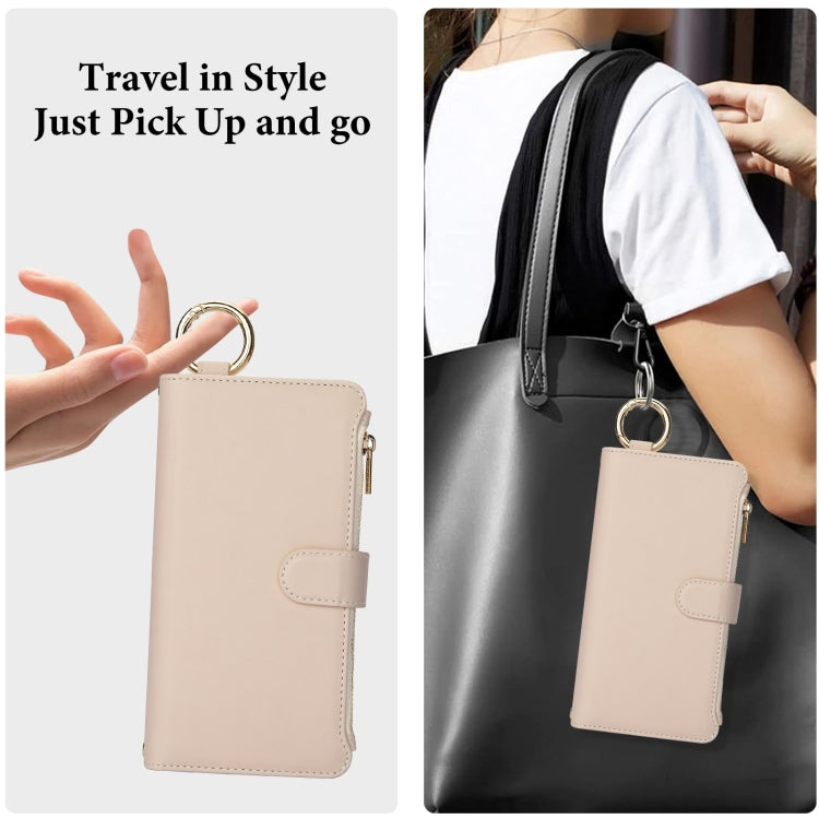 For iPhone 16 Plus Crossbody Ring Multifunctional Wallet Leather Phone Case(White)