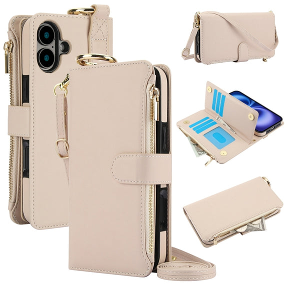 For iPhone 16 Plus Crossbody Ring Multifunctional Wallet Leather Phone Case(White)