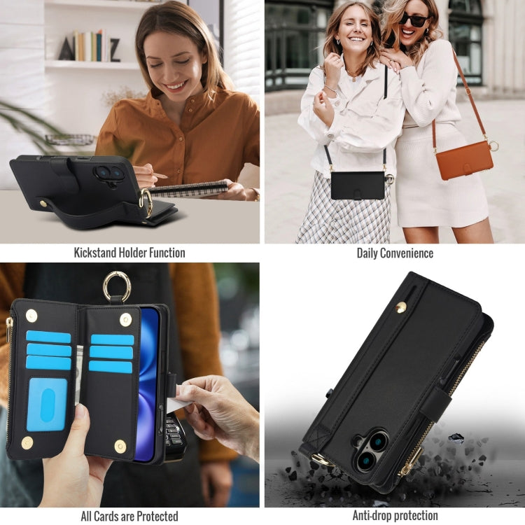 For iPhone 16 Plus Crossbody Ring Multifunctional Wallet Leather Phone Case(Black)