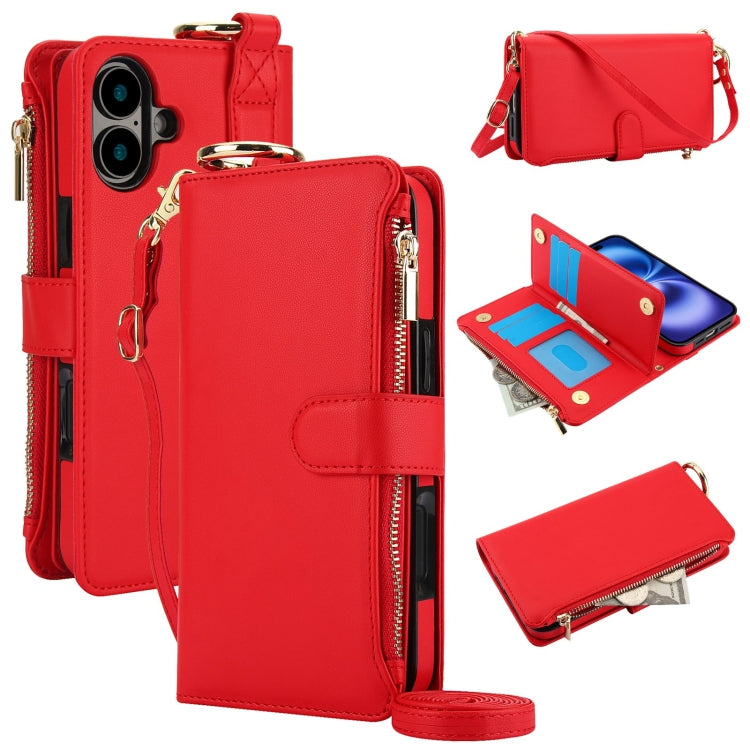 For iPhone 16 Plus Crossbody Ring Multifunctional Wallet Leather Phone Case(Red)