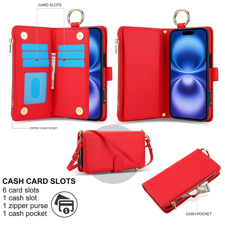 For iPhone 16 Plus Crossbody Ring Multifunctional Wallet Leather Phone Case(Red)