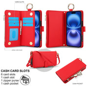 For iPhone 16 Plus Crossbody Ring Multifunctional Wallet Leather Phone Case(Red)
