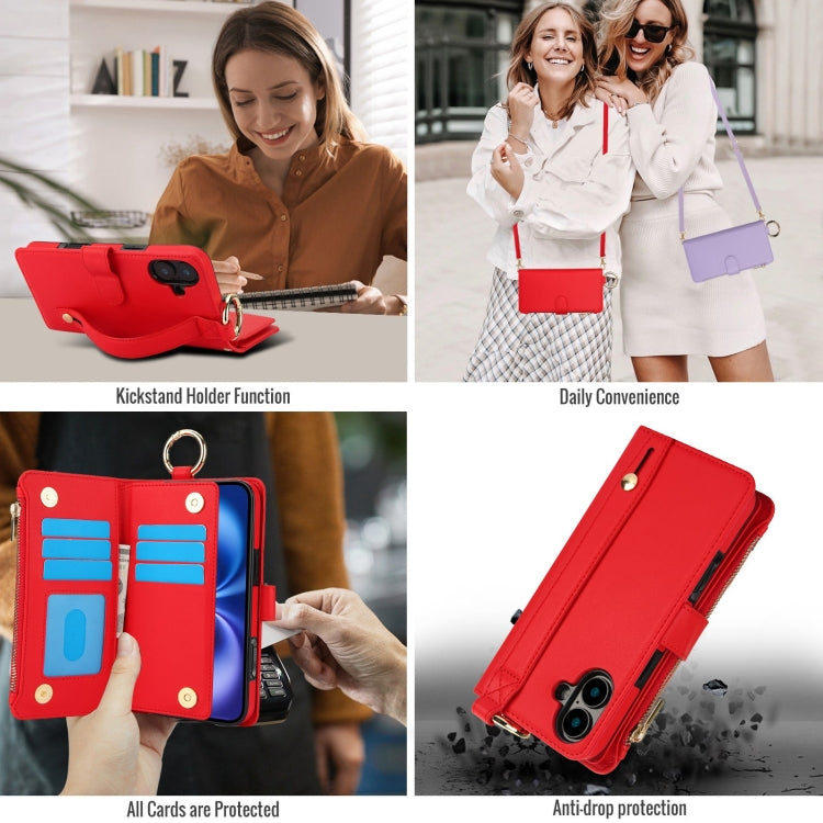 For iPhone 16 Plus Crossbody Ring Multifunctional Wallet Leather Phone Case(Red)