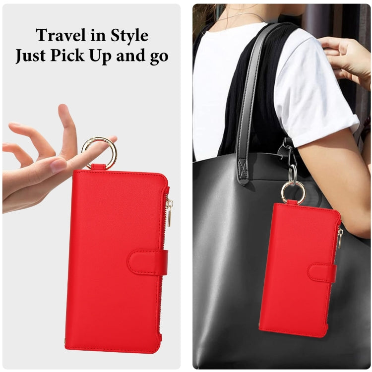 For iPhone 16 Plus Crossbody Ring Multifunctional Wallet Leather Phone Case(Red)