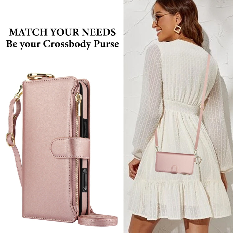 For iPhone 16 Plus Crossbody Ring Multifunctional Wallet Leather Phone Case(Rose Gold)