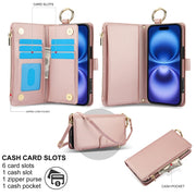 For iPhone 16 Plus Crossbody Ring Multifunctional Wallet Leather Phone Case(Rose Gold)