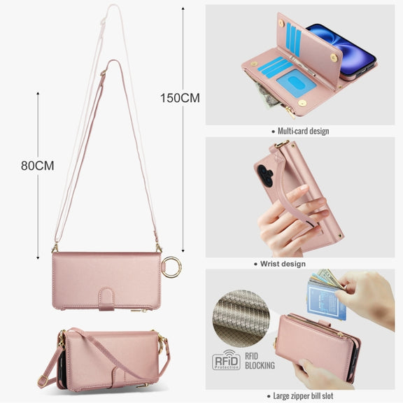 For iPhone 16 Plus Crossbody Ring Multifunctional Wallet Leather Phone Case(Rose Gold)