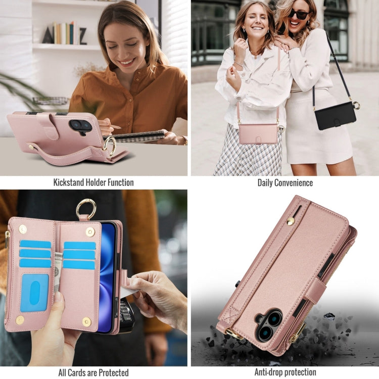 For iPhone 16 Plus Crossbody Ring Multifunctional Wallet Leather Phone Case(Rose Gold)