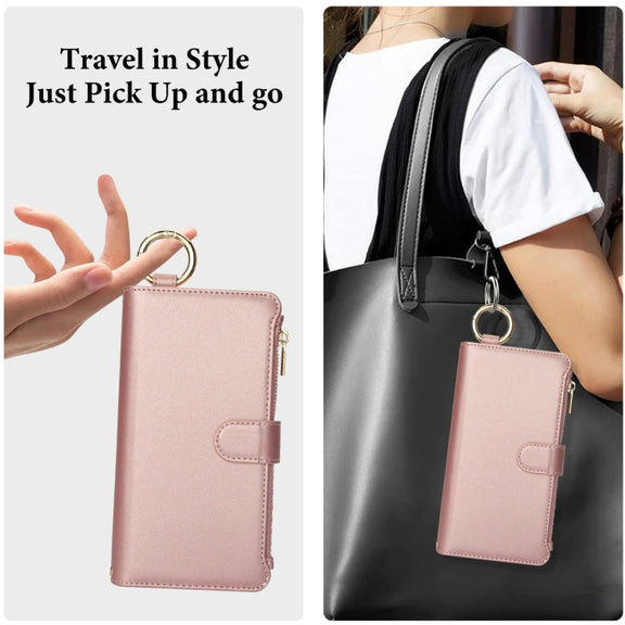 For iPhone 16 Plus Crossbody Ring Multifunctional Wallet Leather Phone Case(Rose Gold)