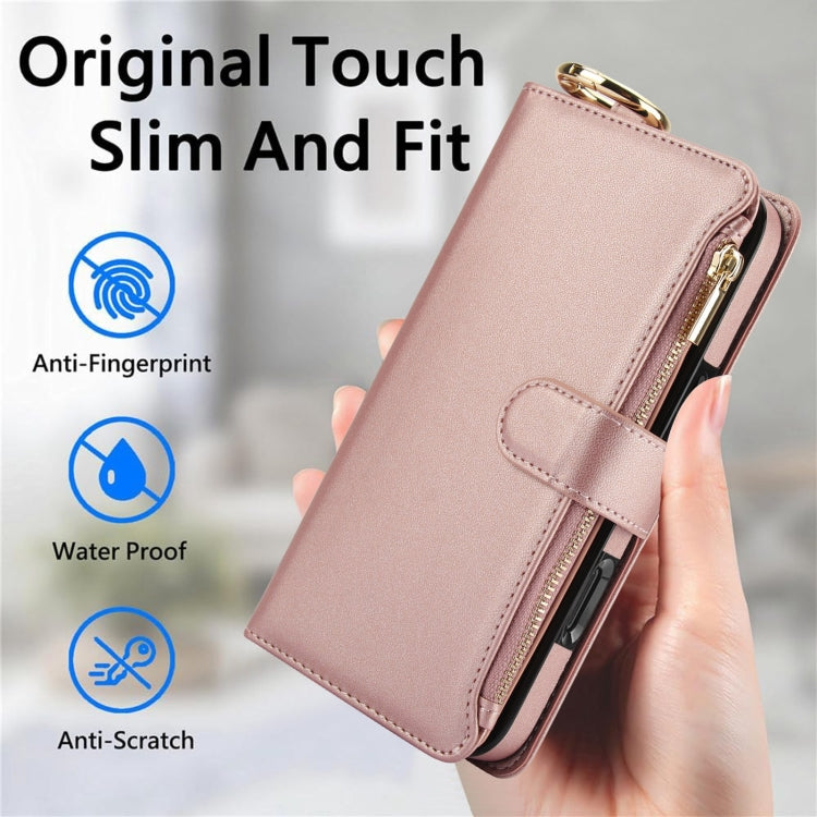 For iPhone 16 Plus Crossbody Ring Multifunctional Wallet Leather Phone Case(Rose Gold)