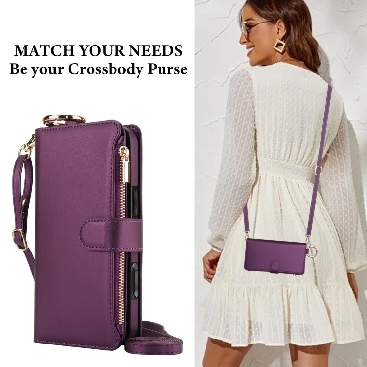 For iPhone 16 Plus Crossbody Ring Multifunctional Wallet Leather Phone Case(Dark Purple)