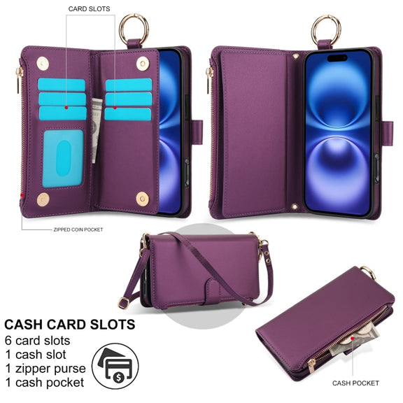 For iPhone 16 Plus Crossbody Ring Multifunctional Wallet Leather Phone Case(Dark Purple)